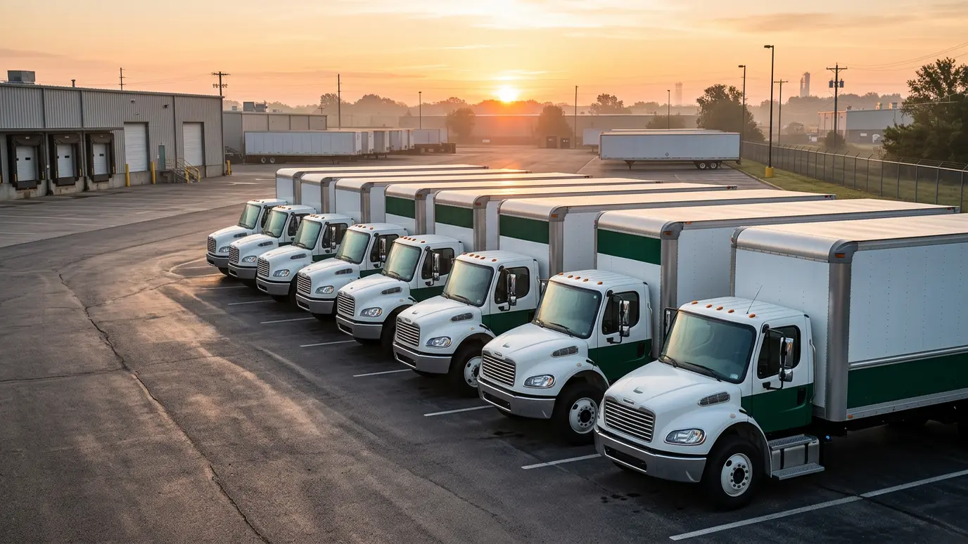 A row of clean white and green box trucks lined up at a depot at sunrise