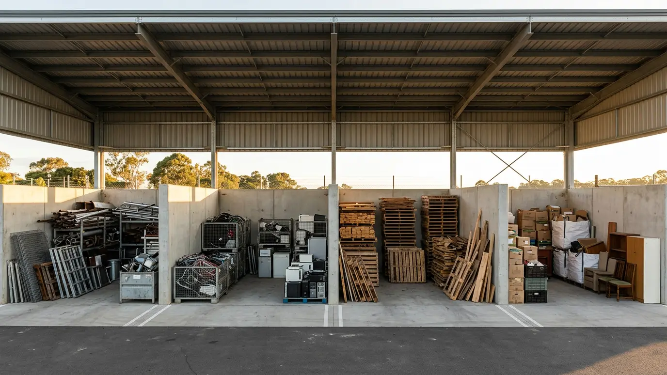A tidy sorting depot with separate bays for metal, electronics, wood and donations under a covered roof at golden hour