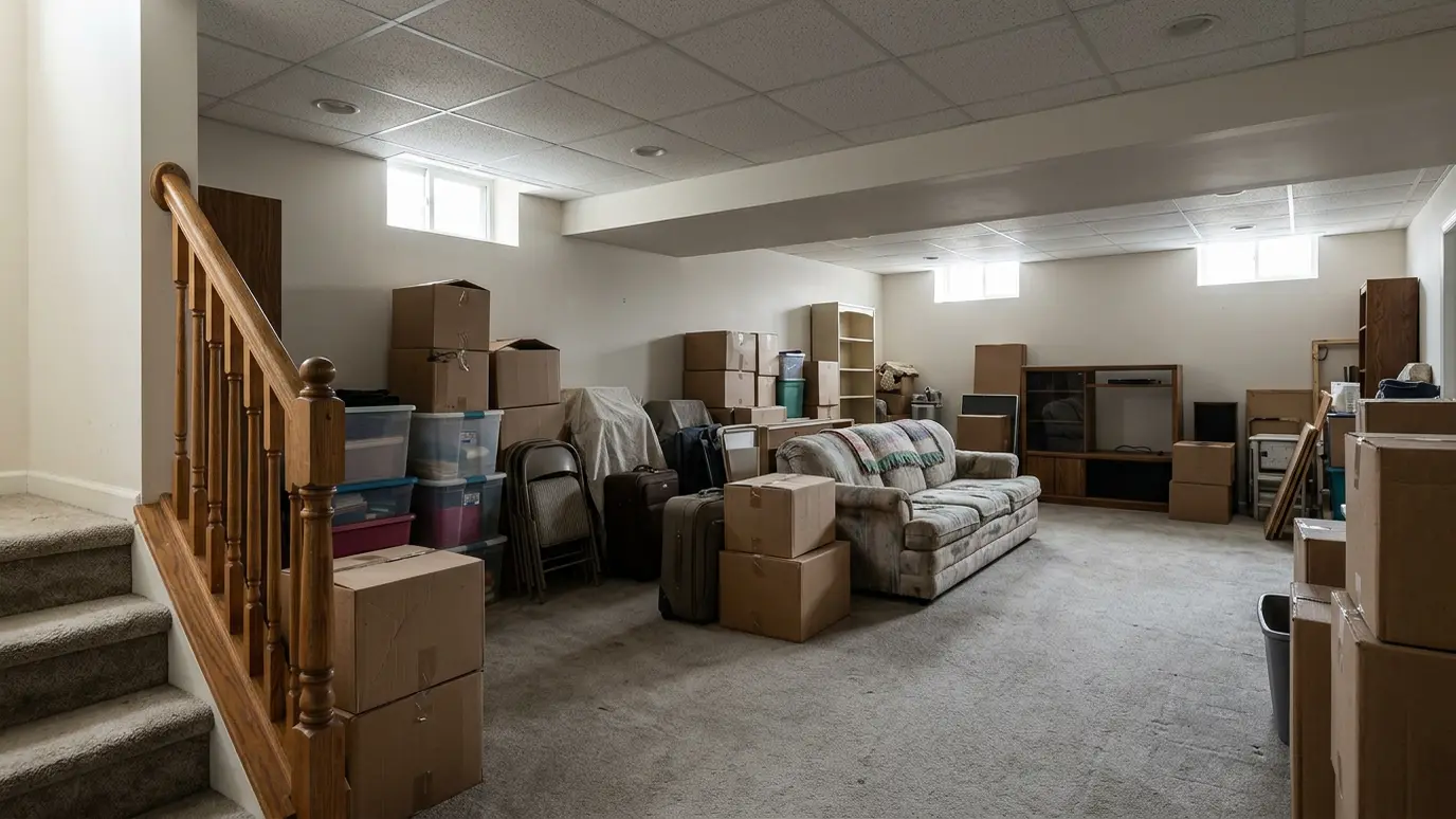 Before: a basement with stacked boxes, an old sofa and forgotten storage