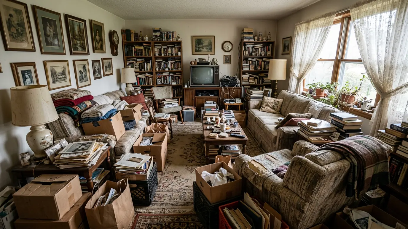 Before: a living room with furniture, boxes and decades of belongings