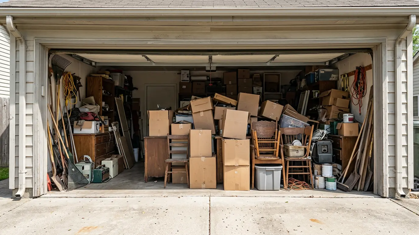 Before: a two-car garage with boxes, old tools and furniture piled to the ceiling