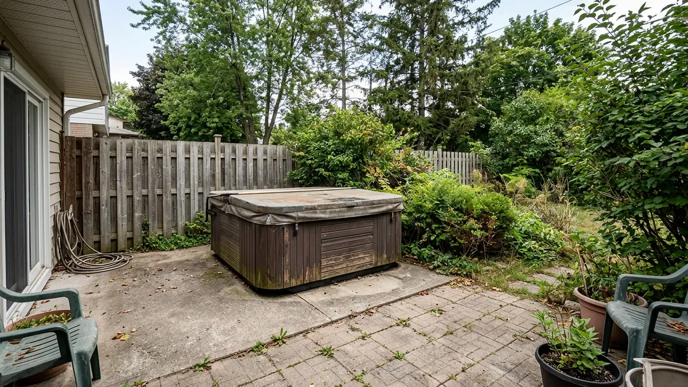 Before: a backyard patio with an old hot tub on a concrete pad