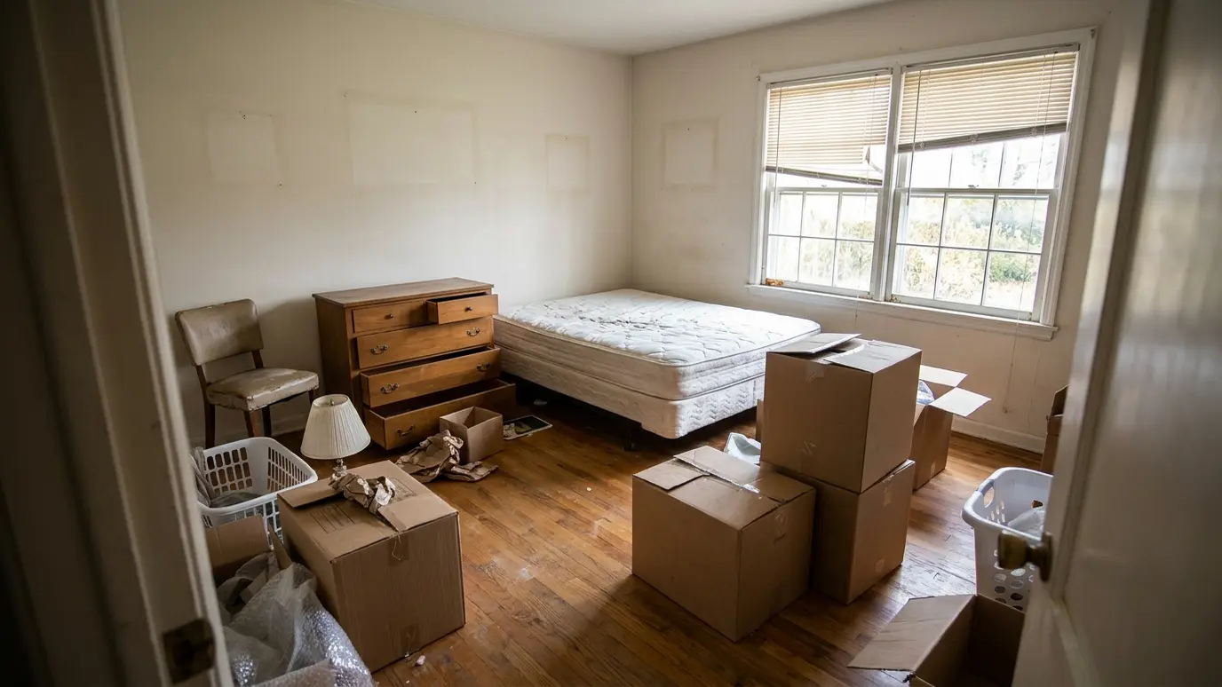 Before: a bedroom with leftover furniture and boxes