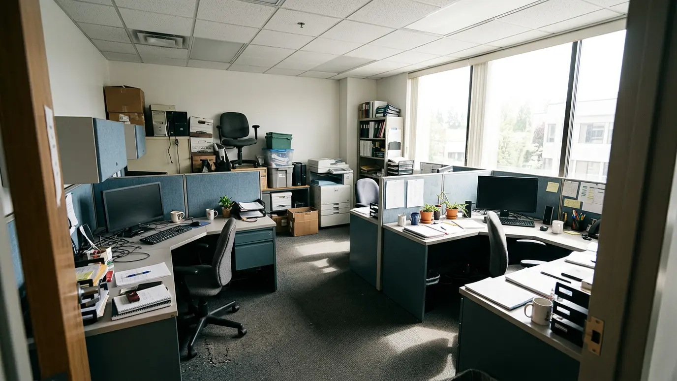 Before: a small office suite with desks, cubicle panels and stacked equipment