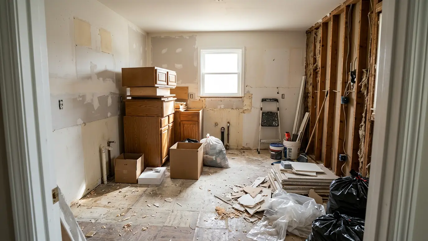 Before: a kitchen mid-remodel with old cabinets, drywall scraps and packaging