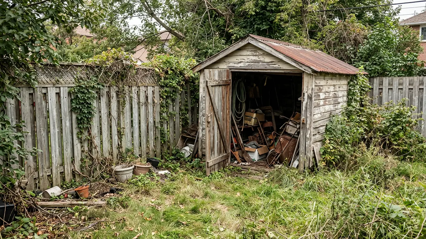Before: a back corner of a yard with a leaning old shed full of clutter
