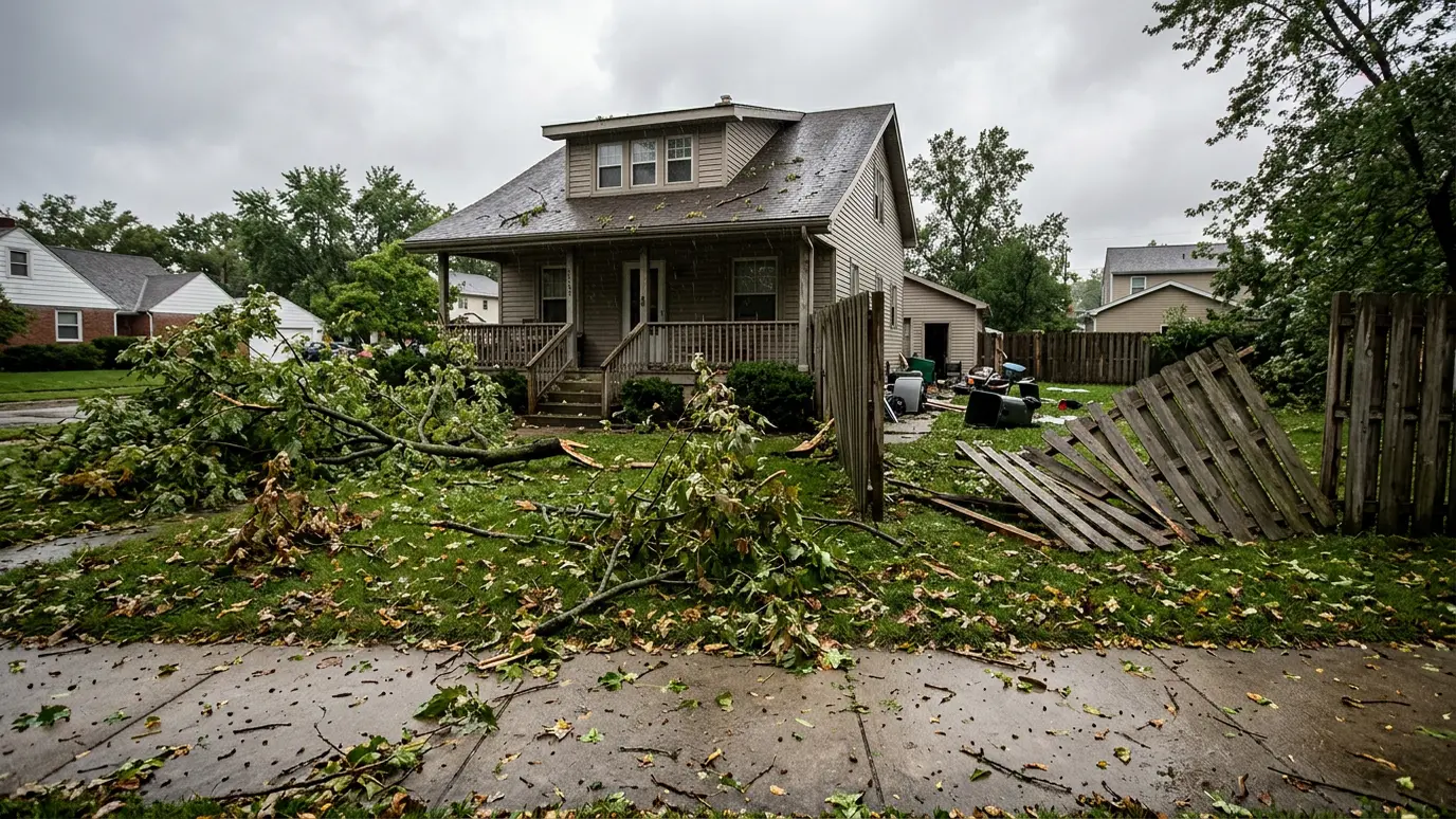 Before: a front yard with fallen limbs, fencing and storm debris