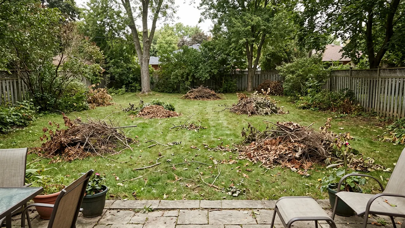 Before: a backyard with piles of branches, leaves and brush