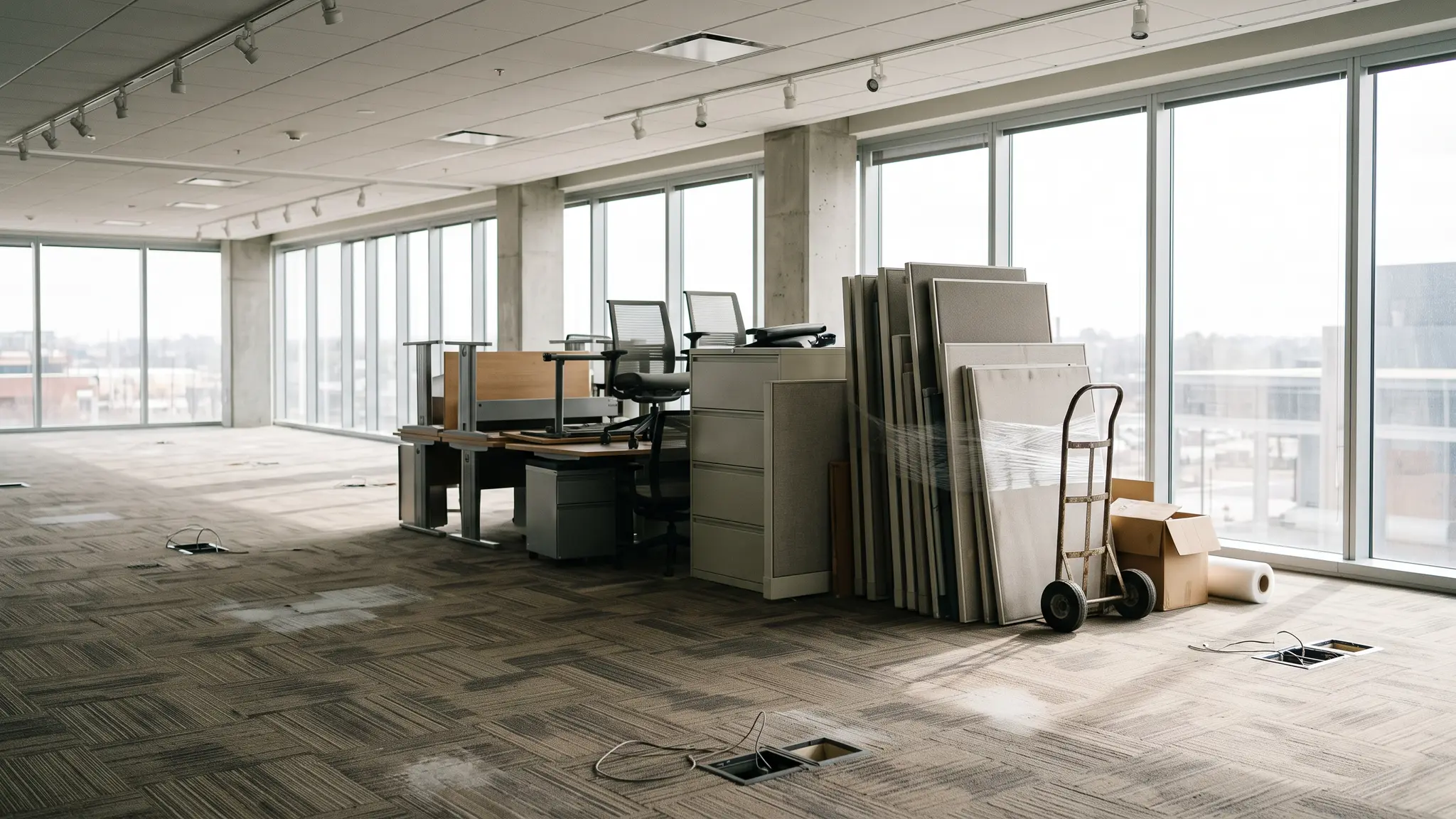 An empty modern office floor with desks, chairs and filing cabinets stacked and ready for removal, with a hand truck beside them