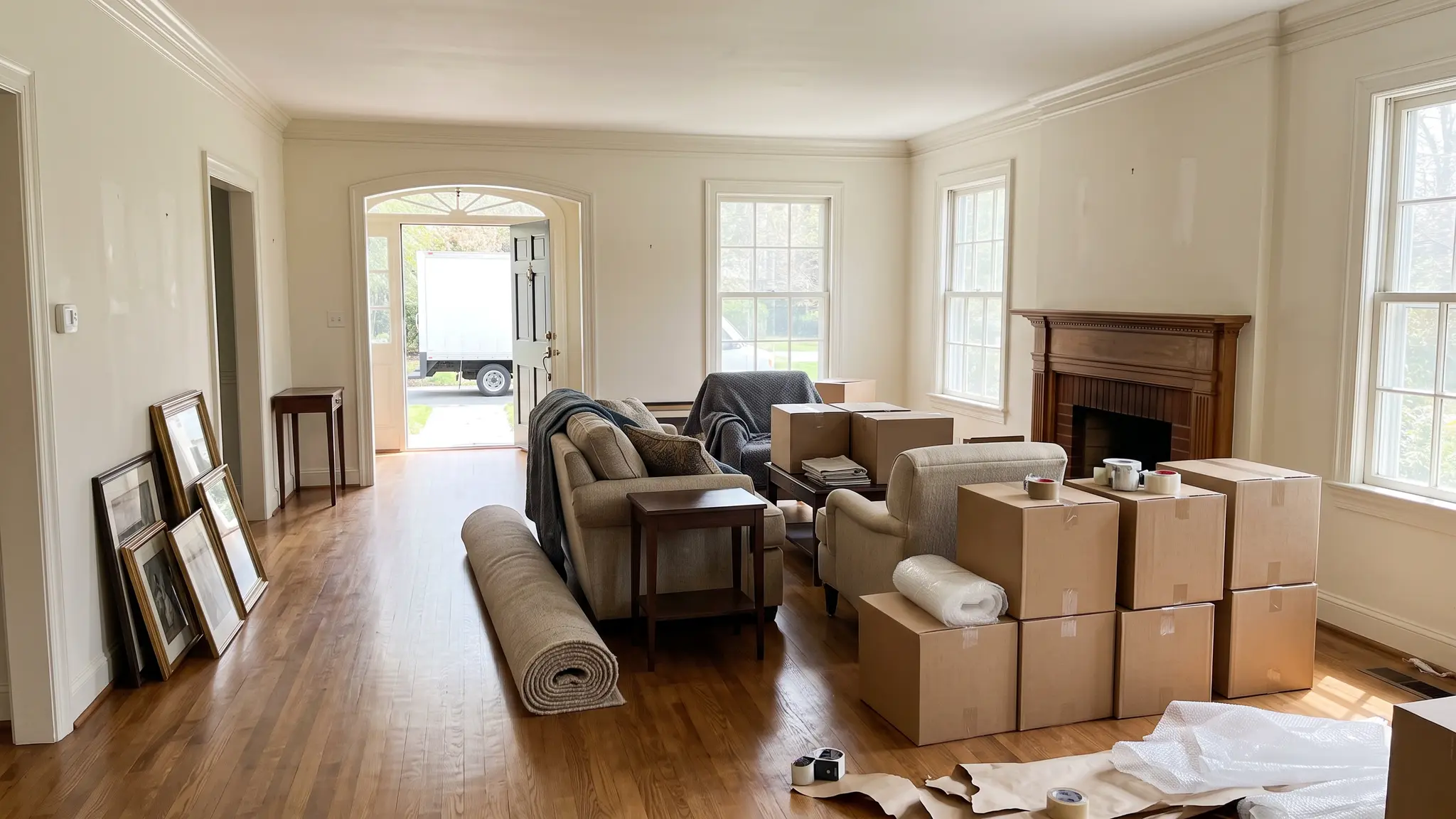 Estates and move-outs | Music City Junk A bright living room mid-cleanout with furniture grouped and boxes stacked, and an open front door with a truck waiting outside