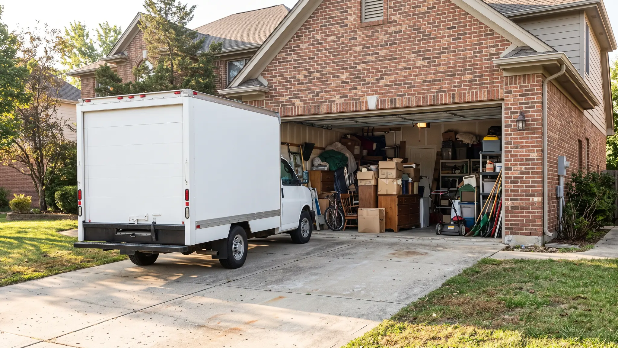 Garage cleanouts | Music City Junk An open two-car garage packed with boxes, old furniture and equipment, with a clean box truck backed up in the driveway on a bright morning