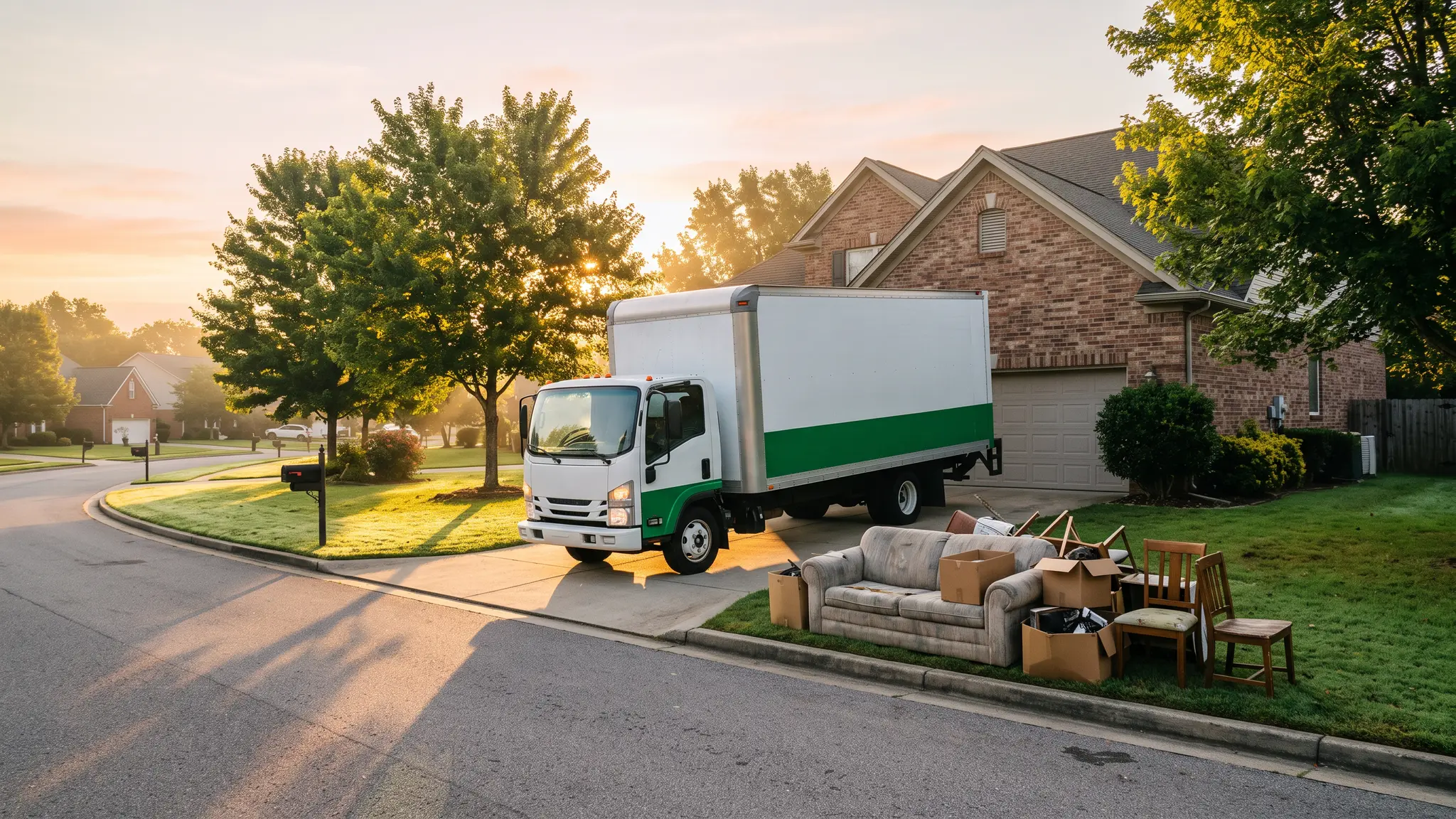 A clean white and green box truck pulling into the driveway of a brick home at sunrise, with a pile of furniture waiting at the curb