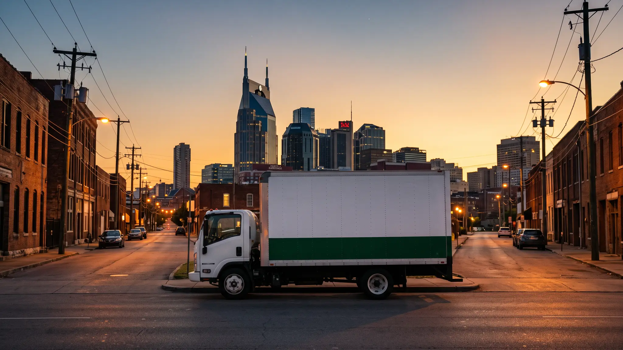 Music City Junk | junk removal and cleanouts in Nashville, TN A clean white and green box truck parked on a Nashville street at dusk with warm light and the city skyline in the distance