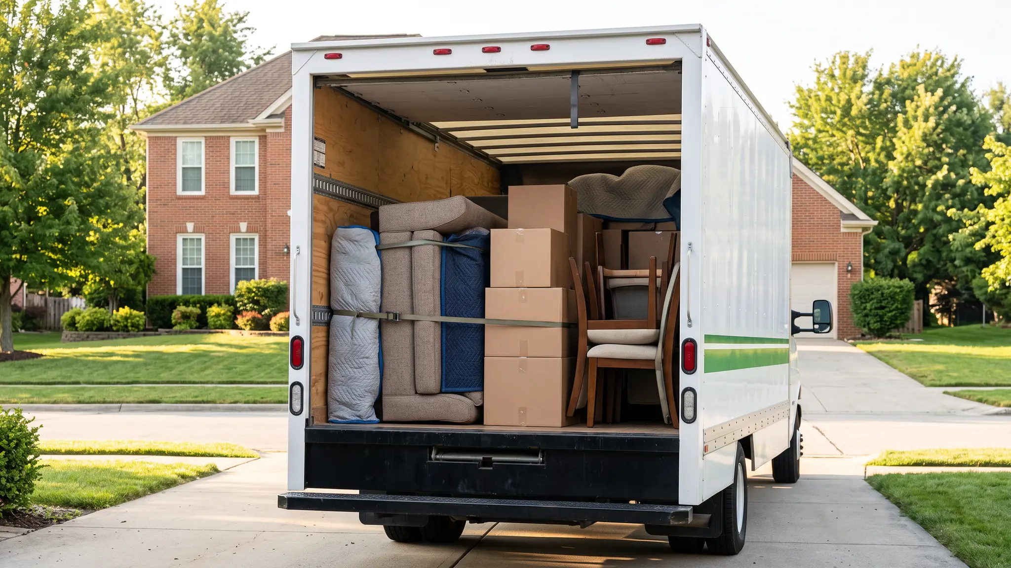 Junk removal FAQ | Music City Junk The open back of a clean box truck loaded neatly with furniture and boxes in a suburban driveway