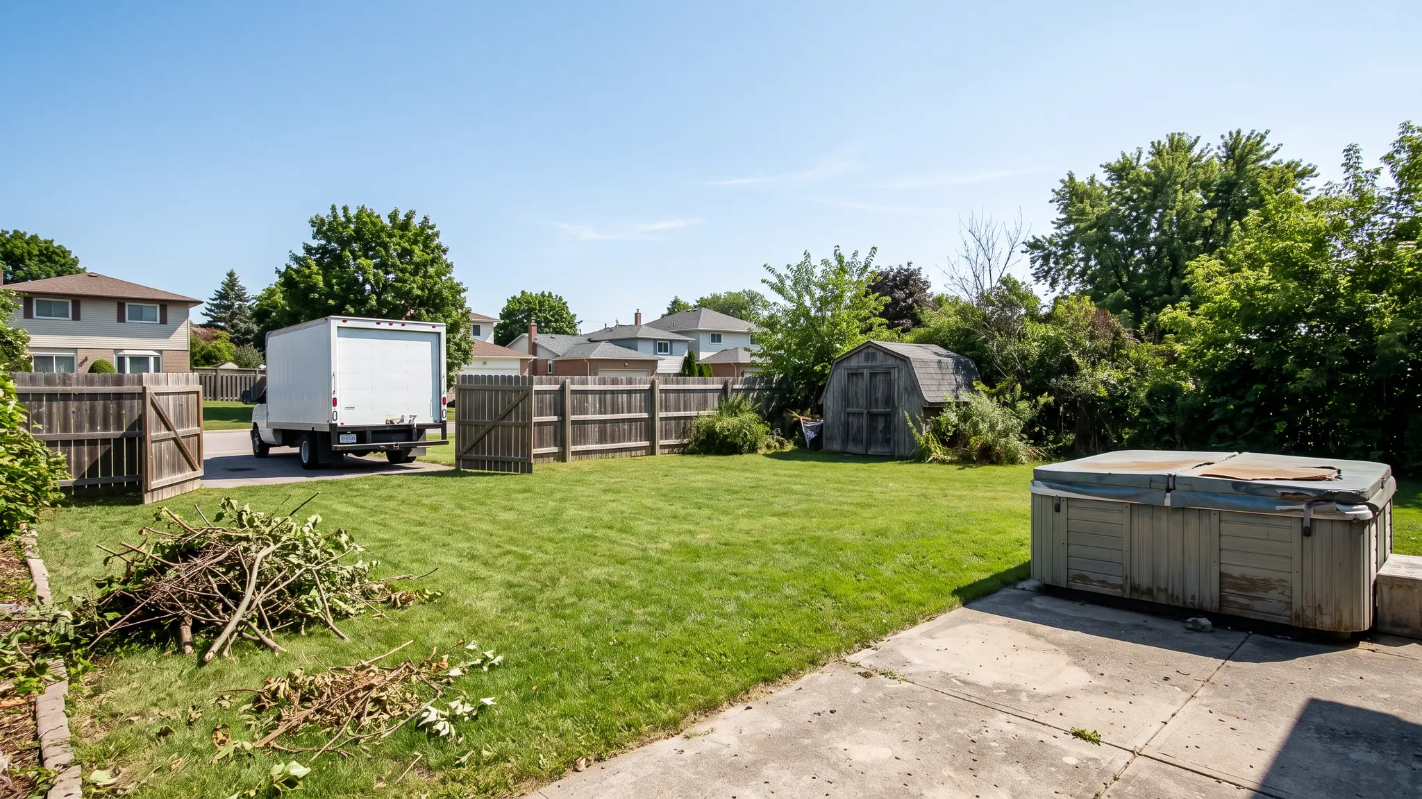 A suburban backyard with a neat pile of branches, an old hot tub and a truck waiting at the gate on a sunny day