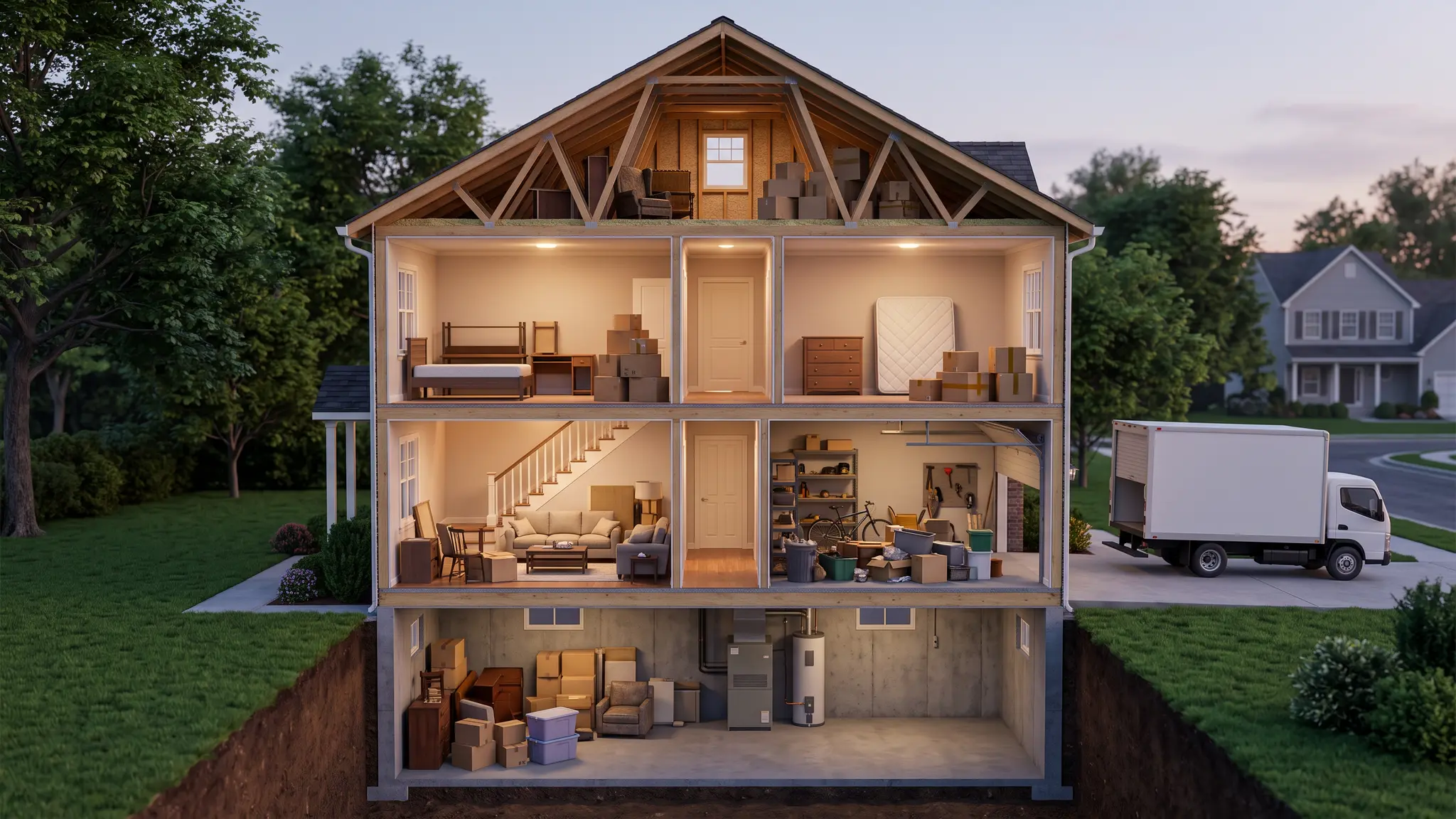 A cutaway view of a two-story house showing the attic, bedrooms, basement, garage and yard, with a little pile of items waiting in each space