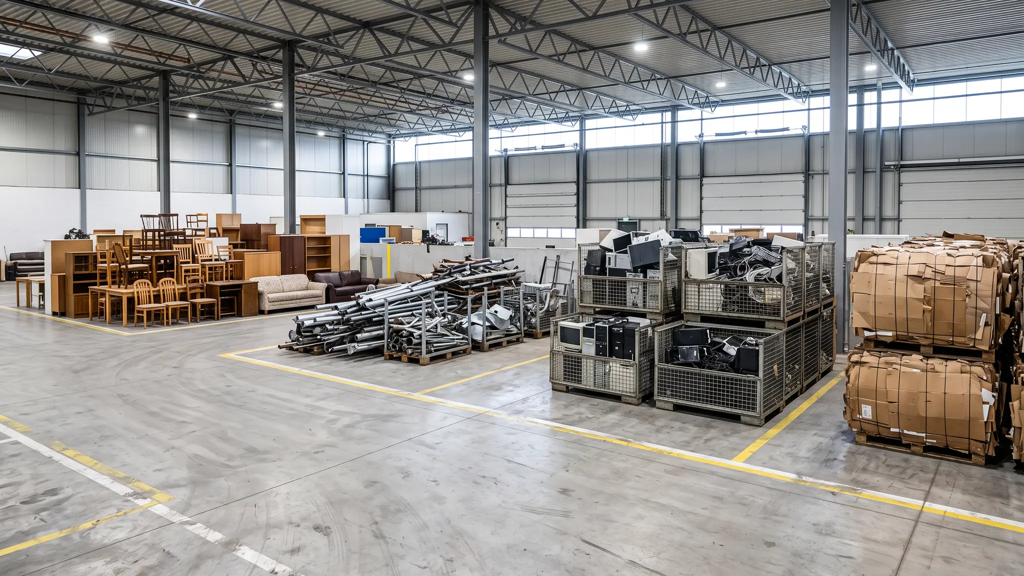 A tidy sorting area with separate piles for donation furniture, scrap metal, electronics crates and cardboard bales on a clean concrete floor
