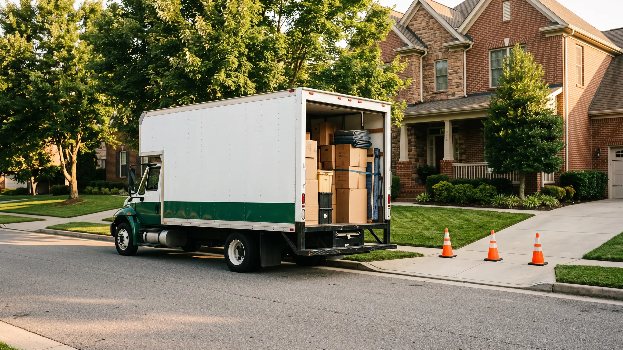 Junk removal gallery | Music City Junk A box truck loaded neatly at the curb of a brick home with cones and a swept driveway