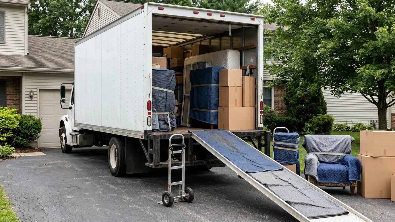We load and haul The open back of a box truck being loaded with furniture in a driveway, with floor runners on the ramp