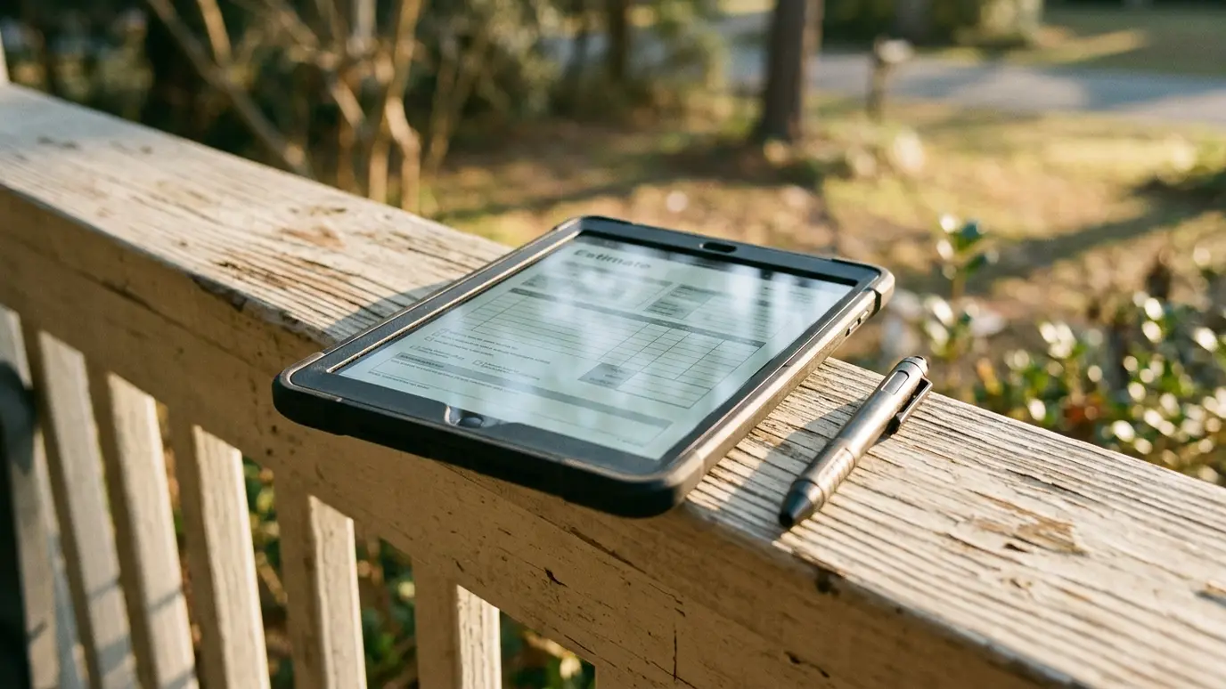 Upfront price A tablet with a blank estimate form and a pen on a porch railing in morning light