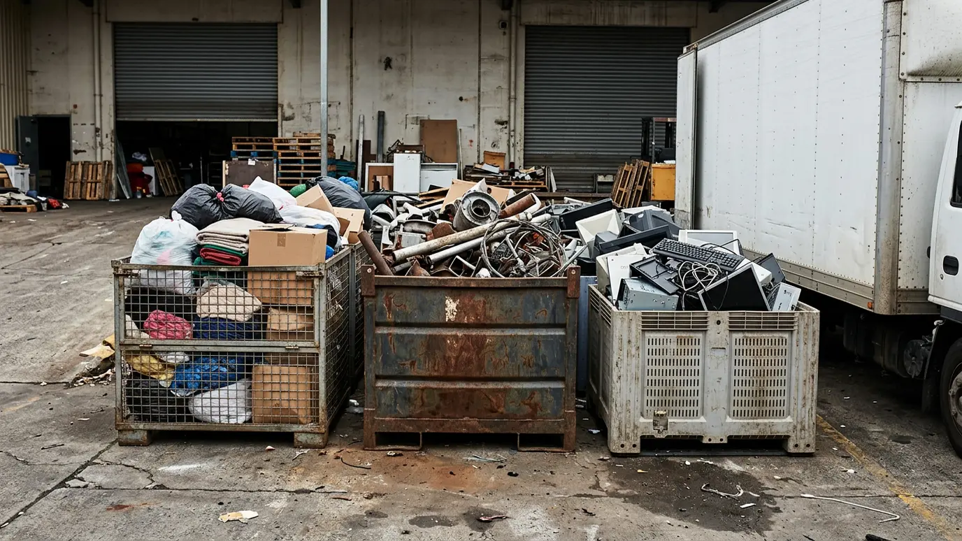 Donate and recycle Three sorting bins and crates for donation, metal and electronics beside a box truck at a depot