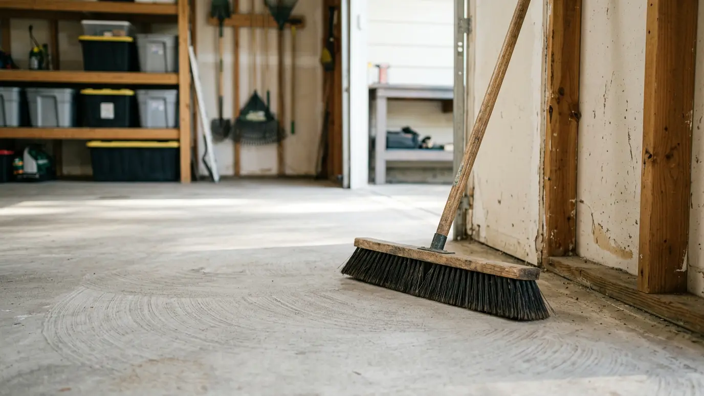 A clean finish A freshly swept garage floor with a push broom leaning against the wall in clean light