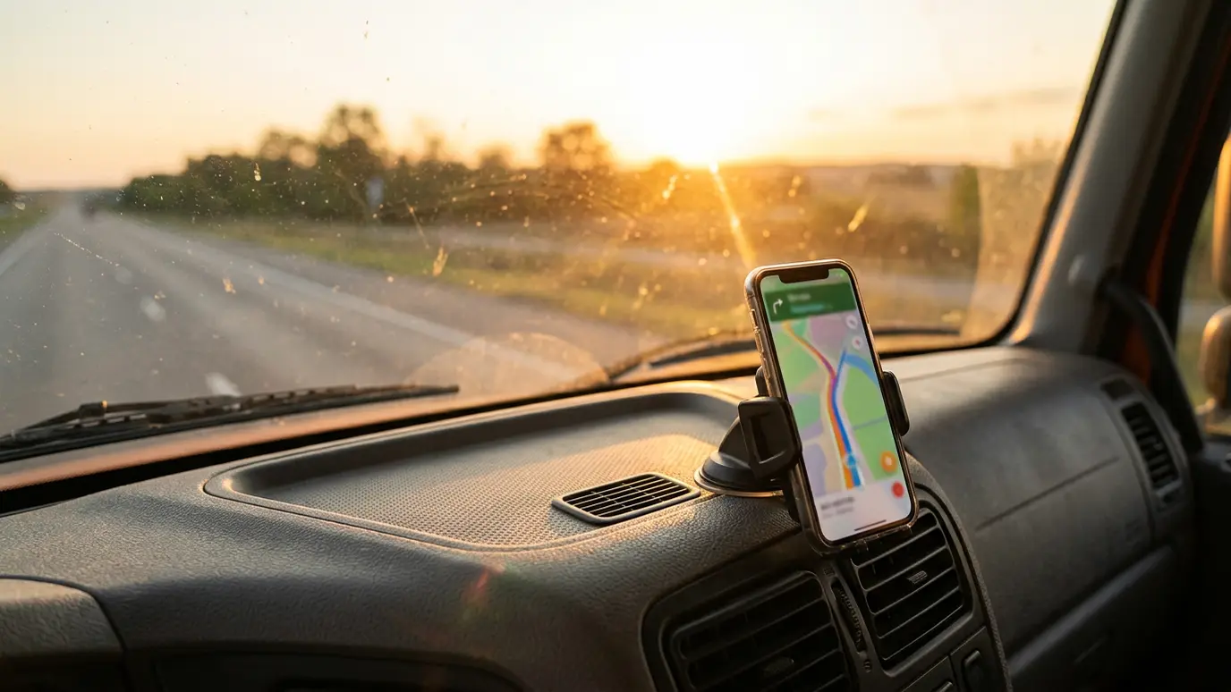 Call or book A smartphone on a truck dashboard showing an incoming call at sunset