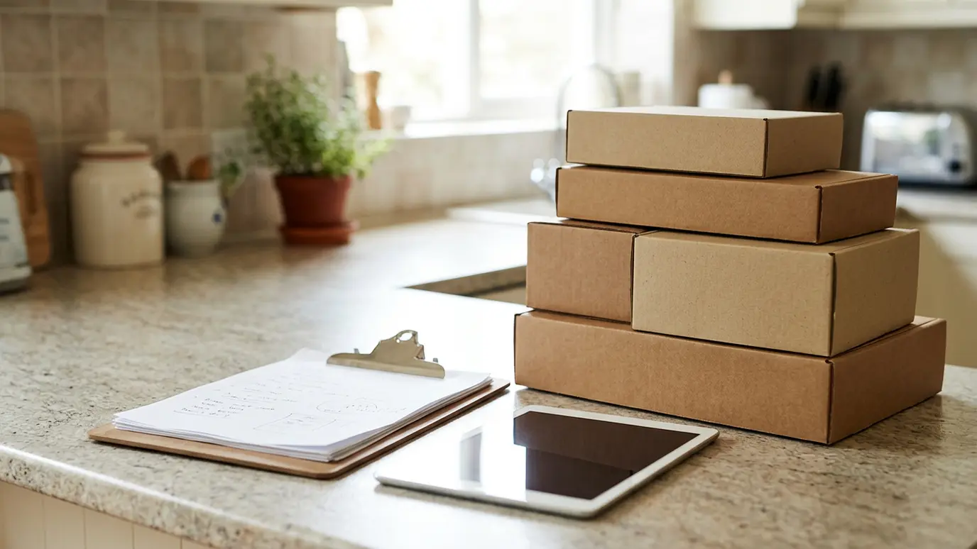 Walk-through A crew leader's clipboard and a tablet on a kitchen counter beside a pile of boxes, in bright light