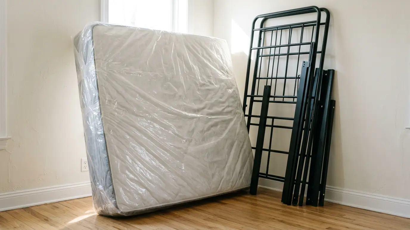 A mattress bagged and ready to be carried out and recycled A mattress bagged and ready to be carried out and recycled
