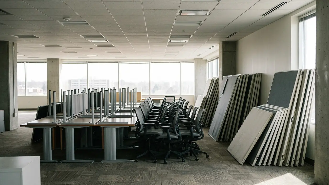 Desks and cubicle panels stacked for an office cleanout Desks and cubicle panels stacked for an office cleanout