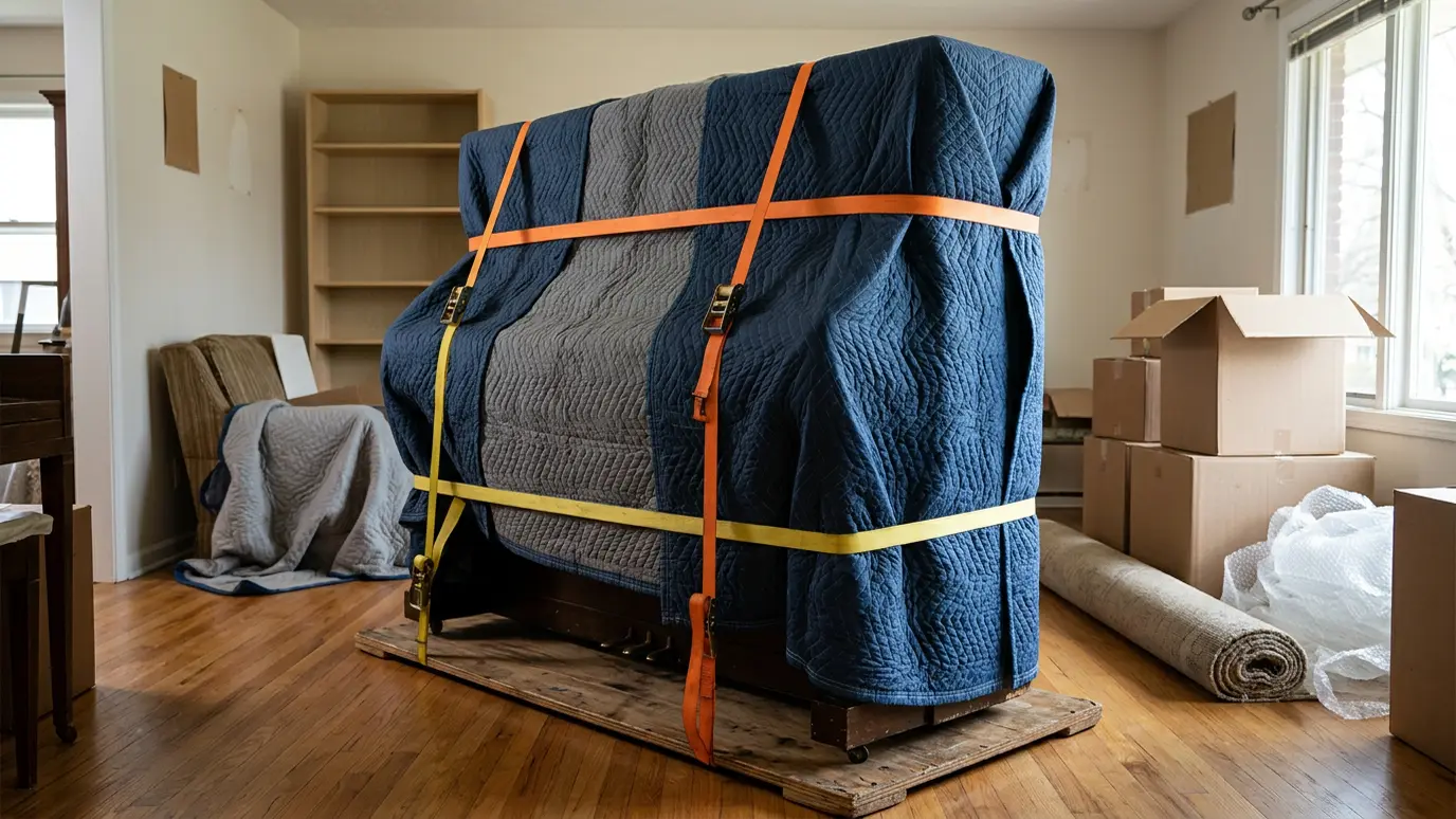 An upright piano padded and strapped for a careful move An upright piano padded and strapped for a careful move