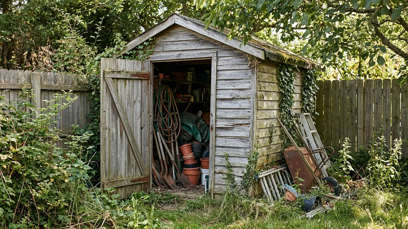 A small shed being dismantled in a backyard A small shed being dismantled in a backyard